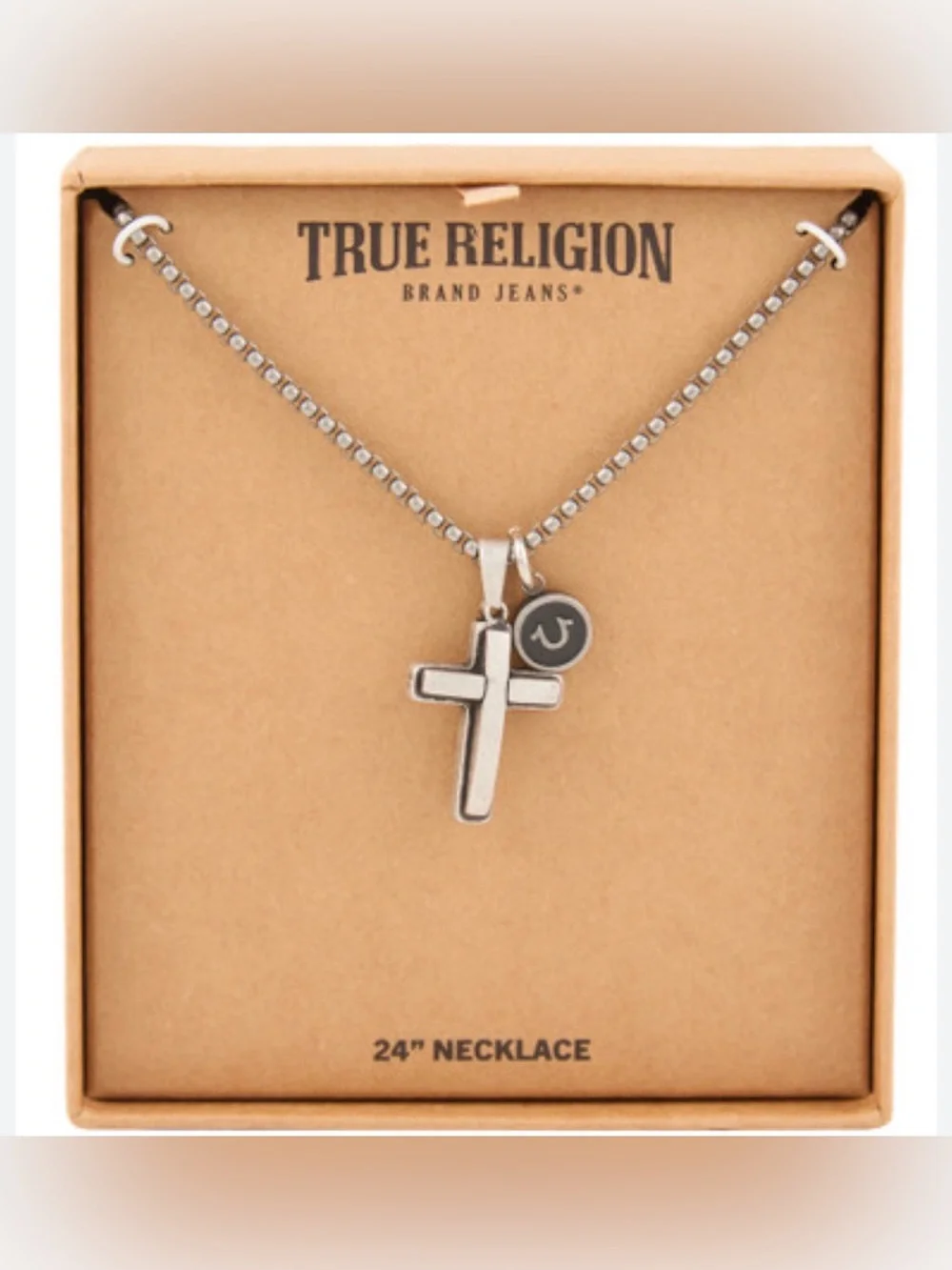 NEW True Religion Men’s Silver 24” Cross Pendant Necklace with Logo Charm